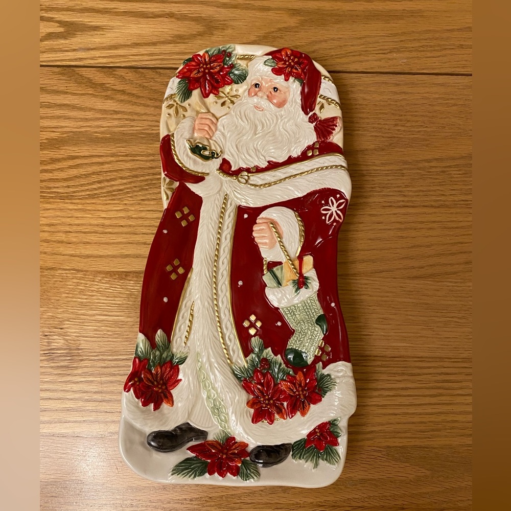 Vintage Fitz and Floyd Christmas Poinsettia Santa Elongated Tray NIB 2014